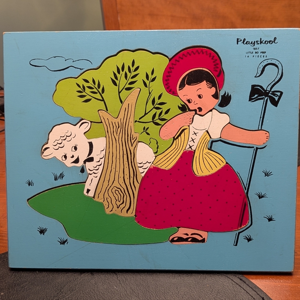 Vintage 1970's Playskool Kids Wood Tray Puzzle Little Bo Peep